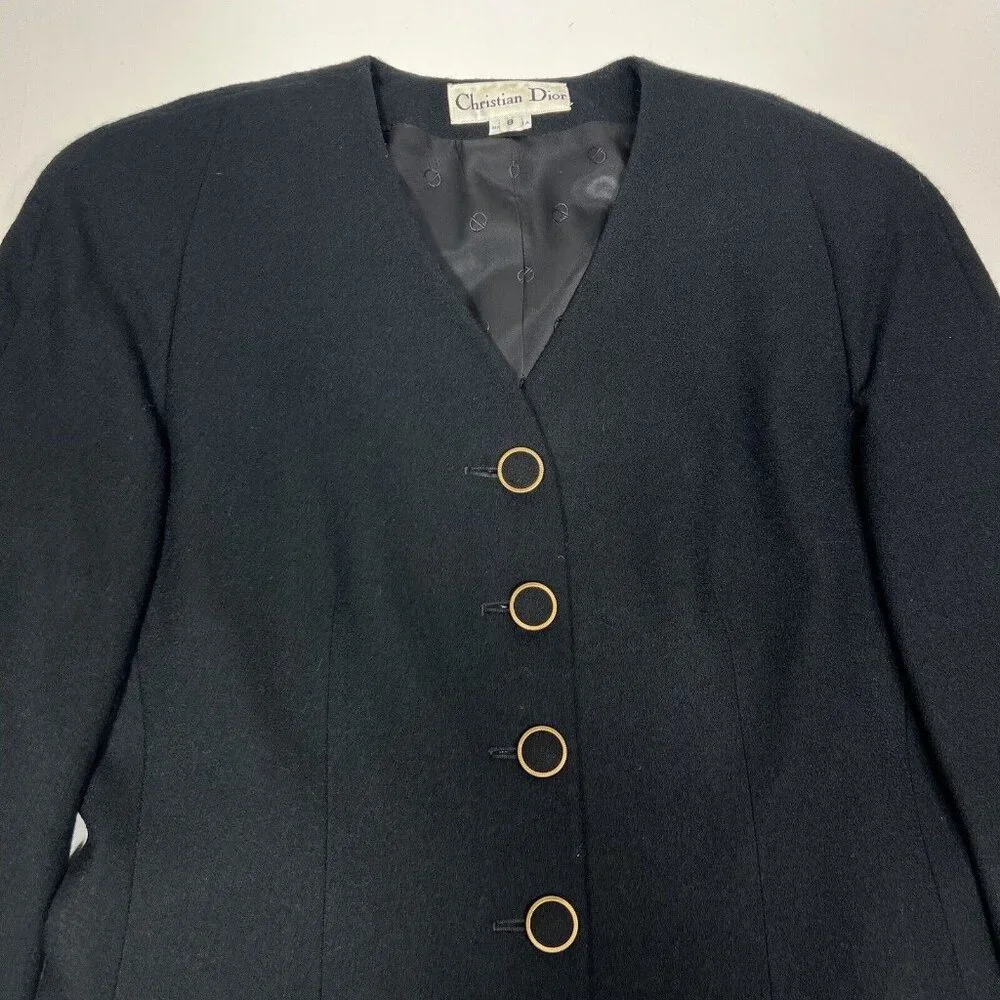 Vintage Christian Dior Suit 2 Pc Jacket & Wrap Skirt Black Size 8 100% Wool USA